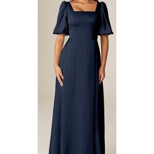 AW BRIDAL 6 S Dark Navy blue Etta satin bridesmaid formal maxi dress NEW B106